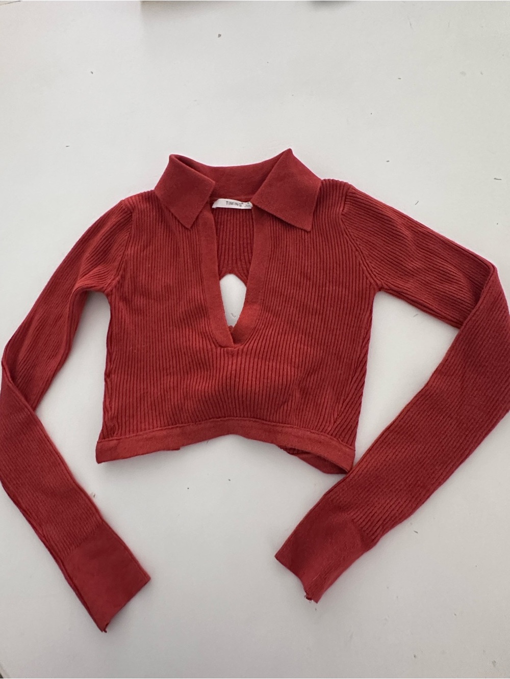 TIMING Ribbed Open-Back & Front Cutout Cropped Sweater (Rust / Size S)